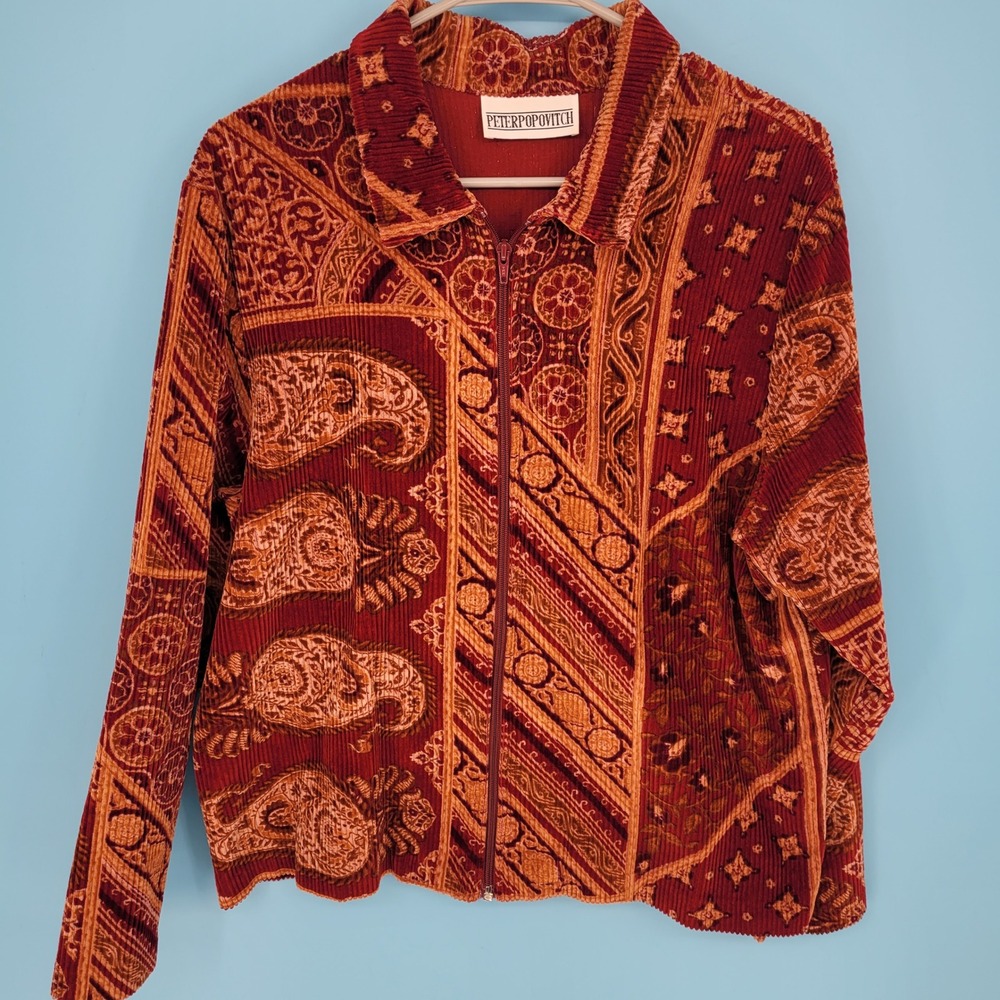 Vintage Peter Popovitch Corduroy Patchwork Jacket Red Orange Paisley Boho XL